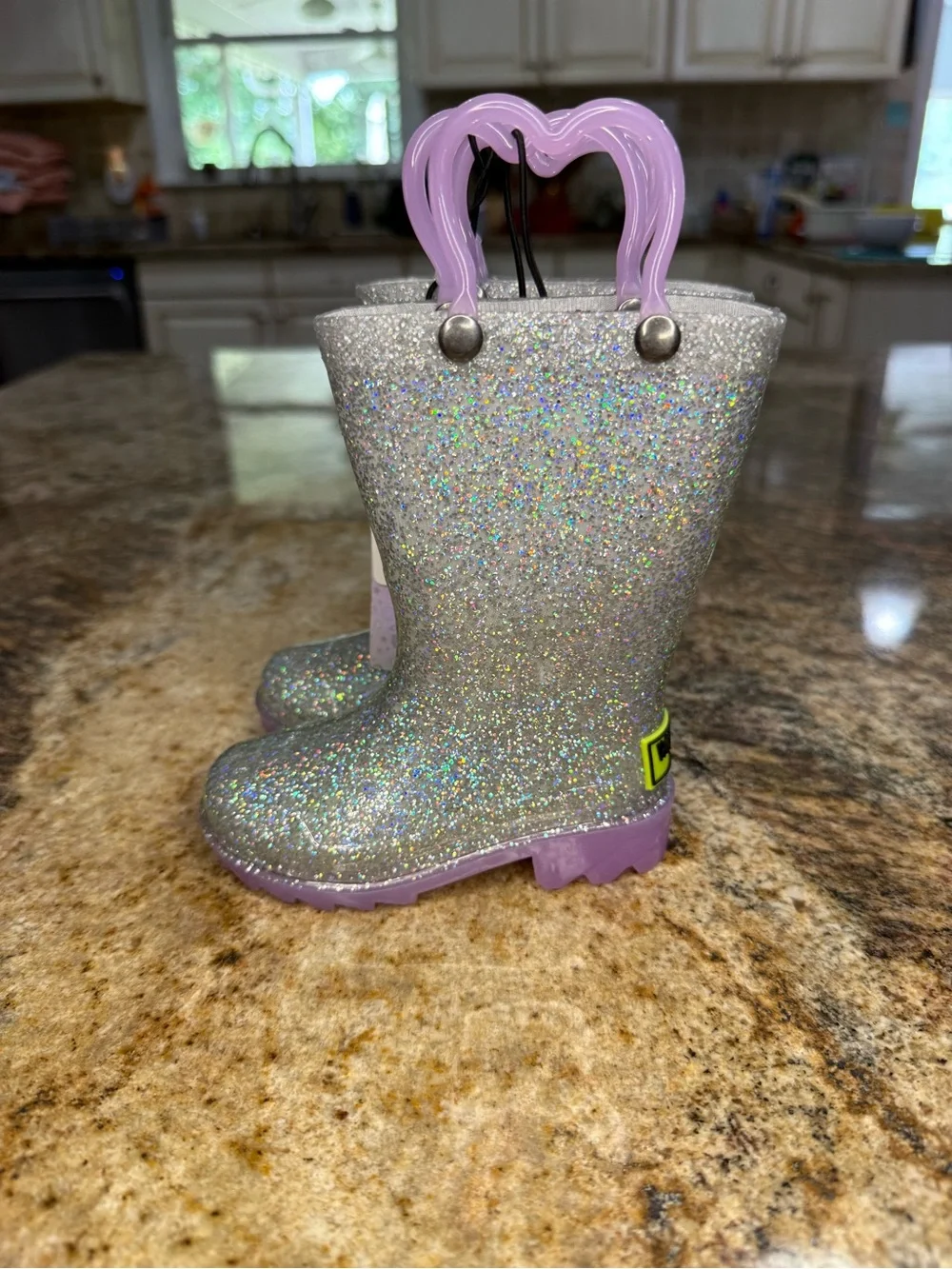 Western Chief Kids Glitter Silver Rain Boots w/ Lavender Handles